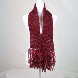 Handmade Maroon Satin Ribbon Scarf with Fringe
